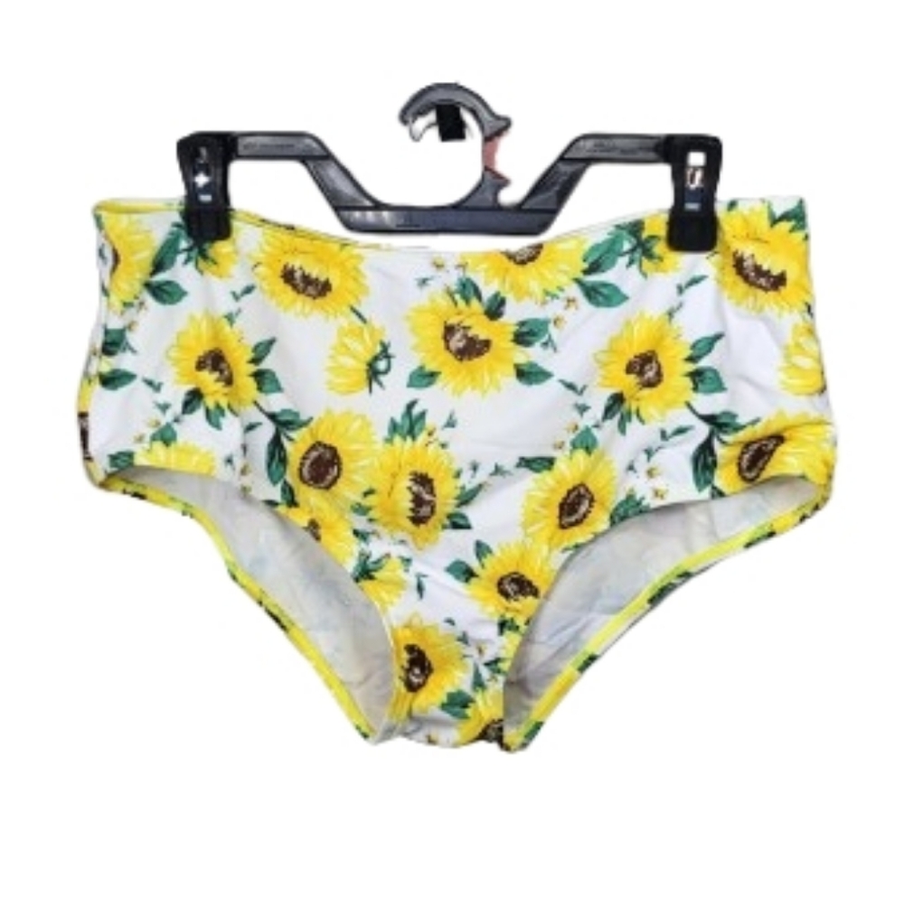 Rose Gal Sunflower Print High-Waisted Bikini Bottoms Sz Lg